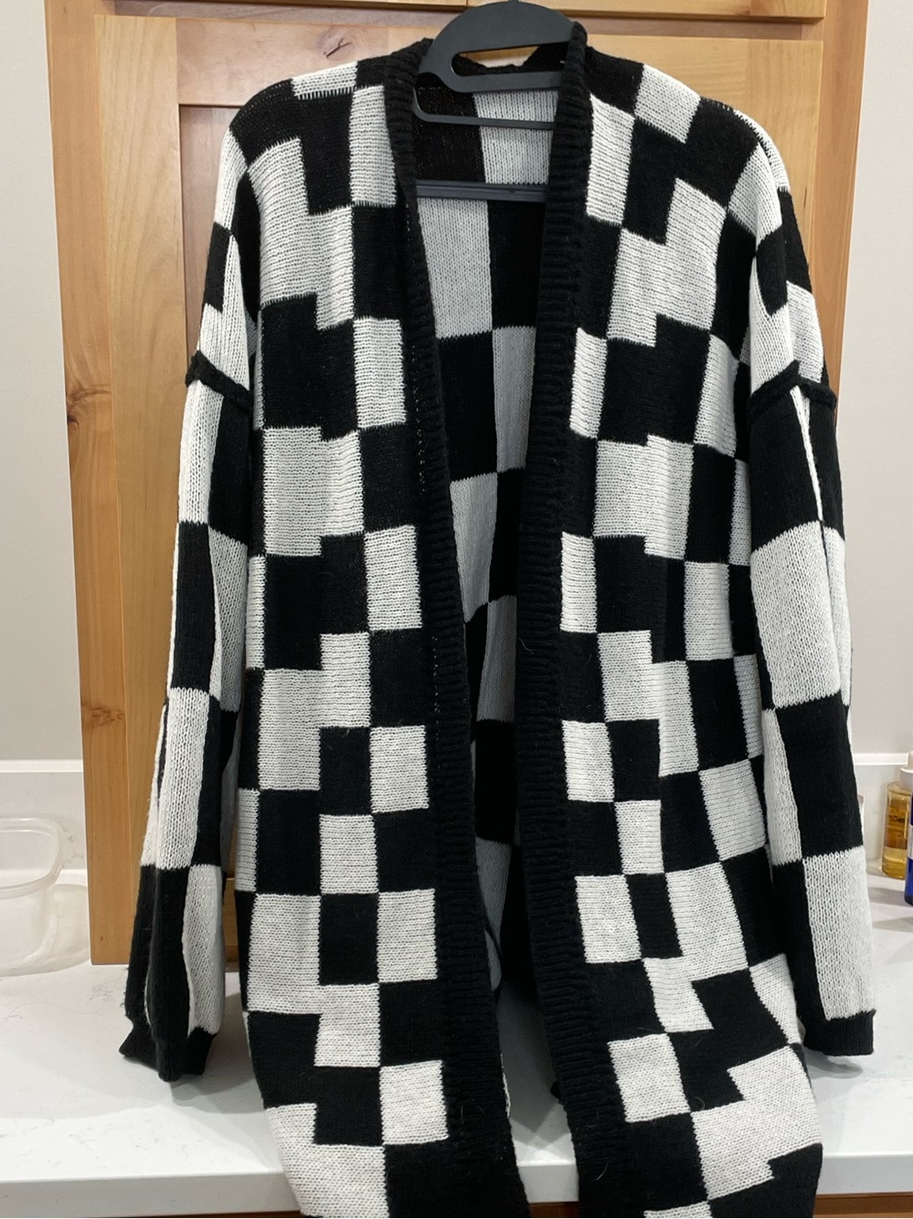 Black & White Checker Knit Cardigan Sweater